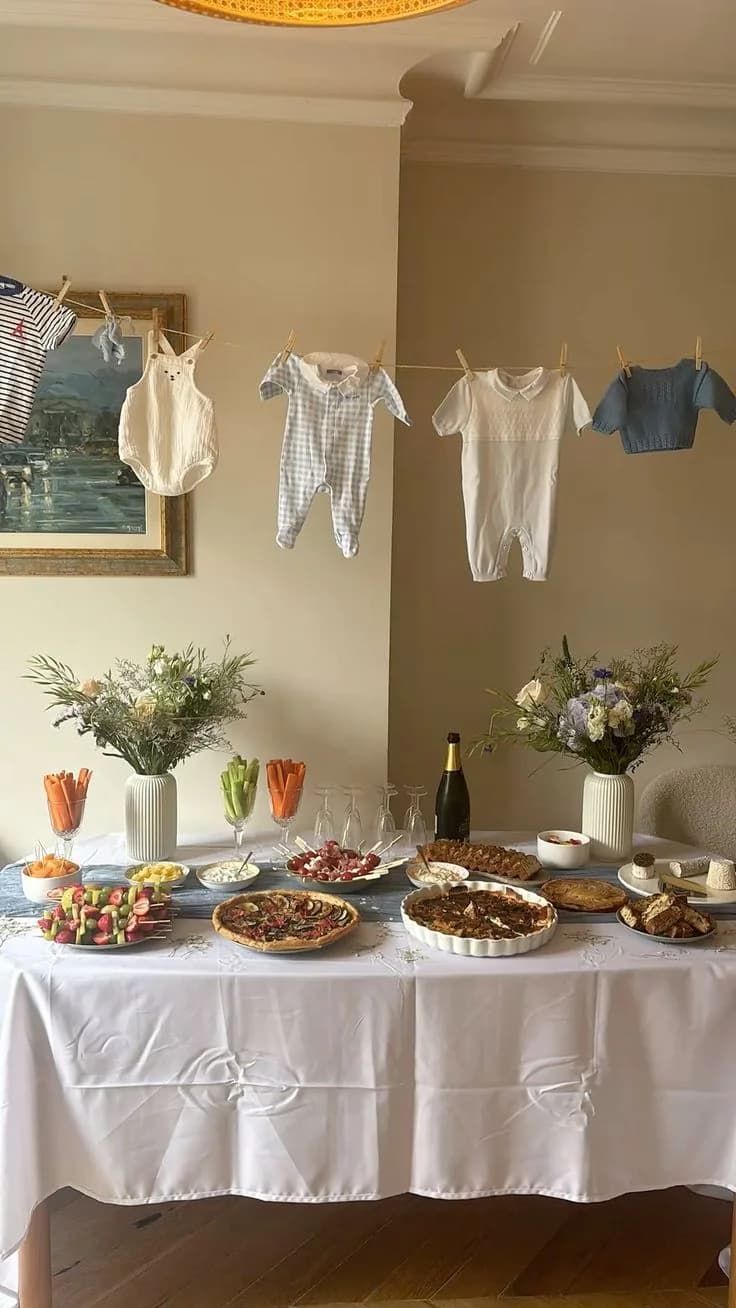A baby-shower table set with food and flowers, a row of small onesies on a string above.